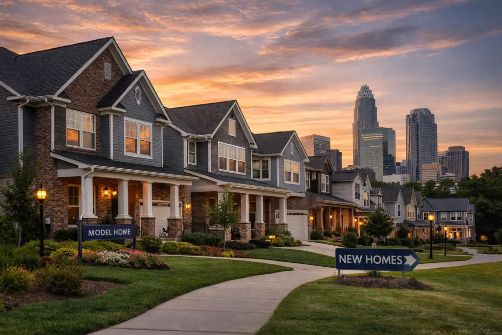 Explore Charlotte’s New Home Communities. New construction homes in a Charlotte neighborhood at sunset with Uptown skyline in the background.