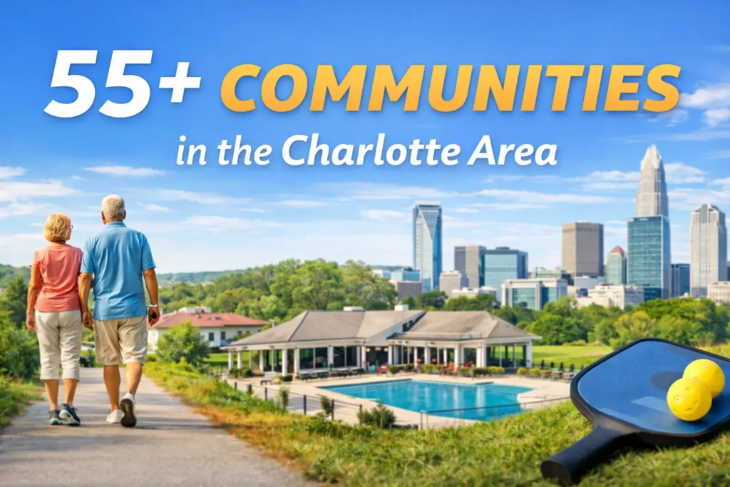 55+ communities in the Charlotte area with active adult homes, amenities, and Charlotte skyline