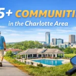 55+ communities in the Charlotte area with active adult homes, amenities, and Charlotte skyline