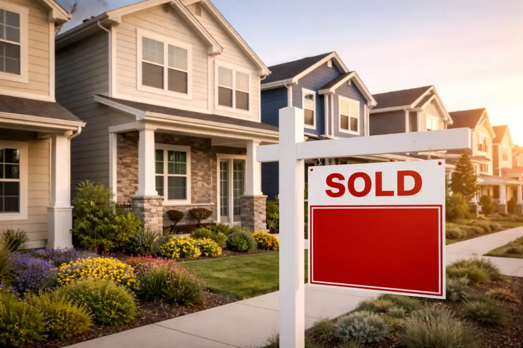 New construction homes in a suburban neighborhood with a sold real estate sign in front yard