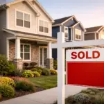New construction homes in a suburban neighborhood with a sold real estate sign in front yard