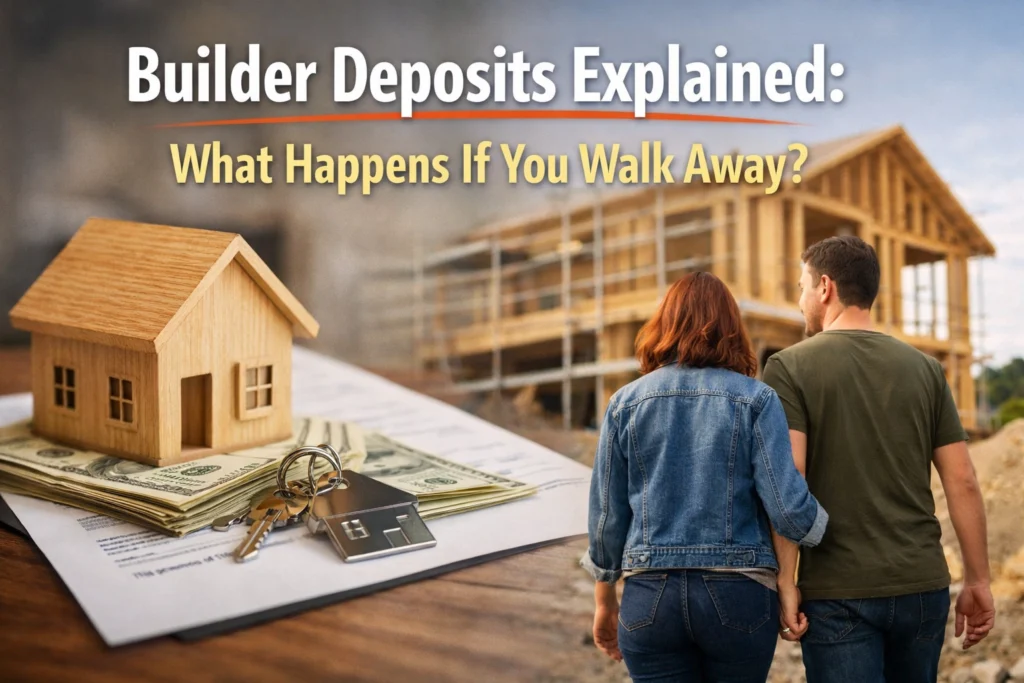 Builder deposit paperwork, house model, keys, and a couple walking away from a new construction home away