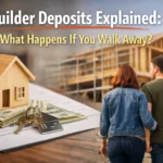 Builder deposit paperwork, house model, keys, and a couple walking away from a new construction home away