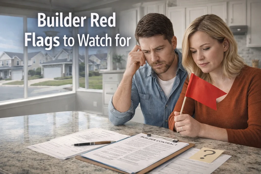 Couple reviewing a builder contract and spotting warning signs before choosing a new construction builder