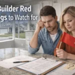 Couple reviewing a builder contract and spotting warning signs before choosing a new construction builder