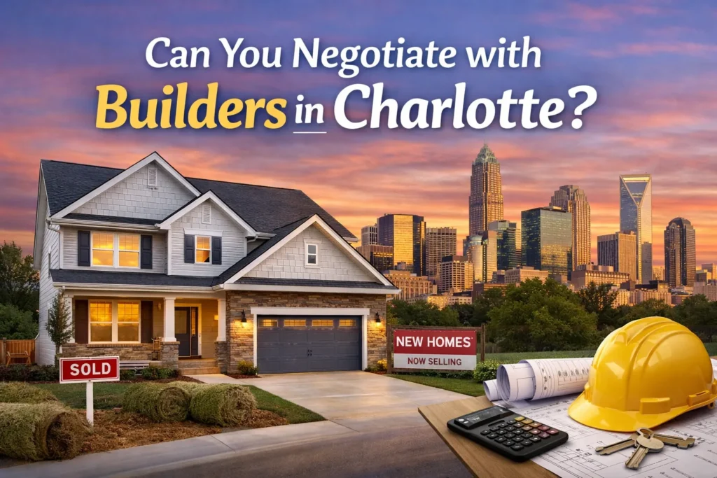 Charlotte new construction article showing a newly built home, Charlotte skyline, sold sign, new homes sign, blueprints, calculator, and hard hat with the text “Can You Negotiate with Builders in Charlotte?