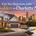 Charlotte new construction article showing a newly built home, Charlotte skyline, sold sign, new homes sign, blueprints, calculator, and hard hat with the text “Can You Negotiate with Builders in Charlotte?