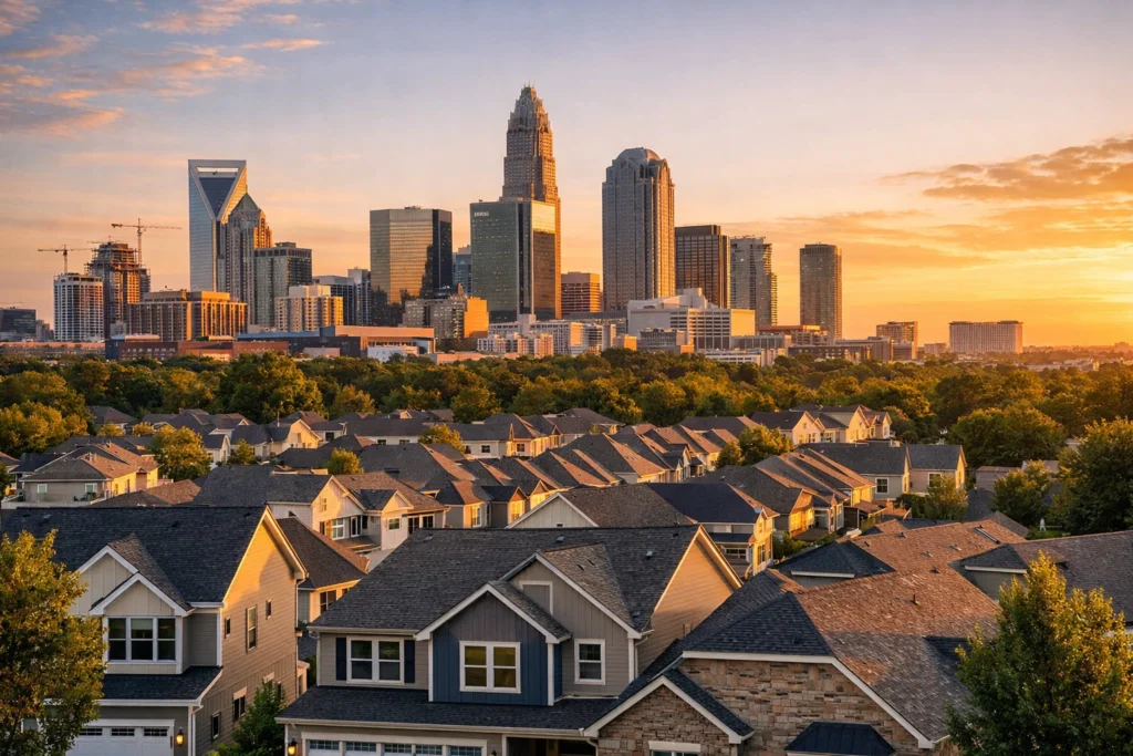 Charlotte skyline with residential rooftops representing job growth and housing demand in the Charlotte area