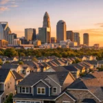 Charlotte skyline with residential rooftops representing job growth and housing demand in the Charlotte area
