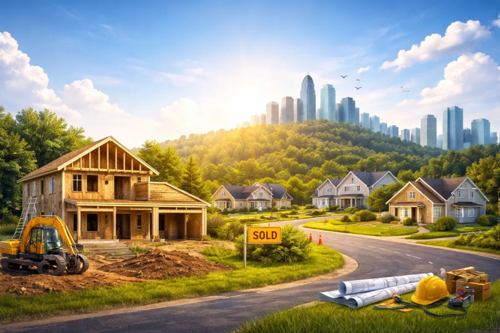 Showing a new construction home being built in a suburban neighborhood with completed homes, construction equipment, blueprints, and a Charlotte skyline in the background.showing a new construction home being built in a suburban neighborhood with completed homes, construction equipment, blueprints, and a Charlotte skyline in the background.
