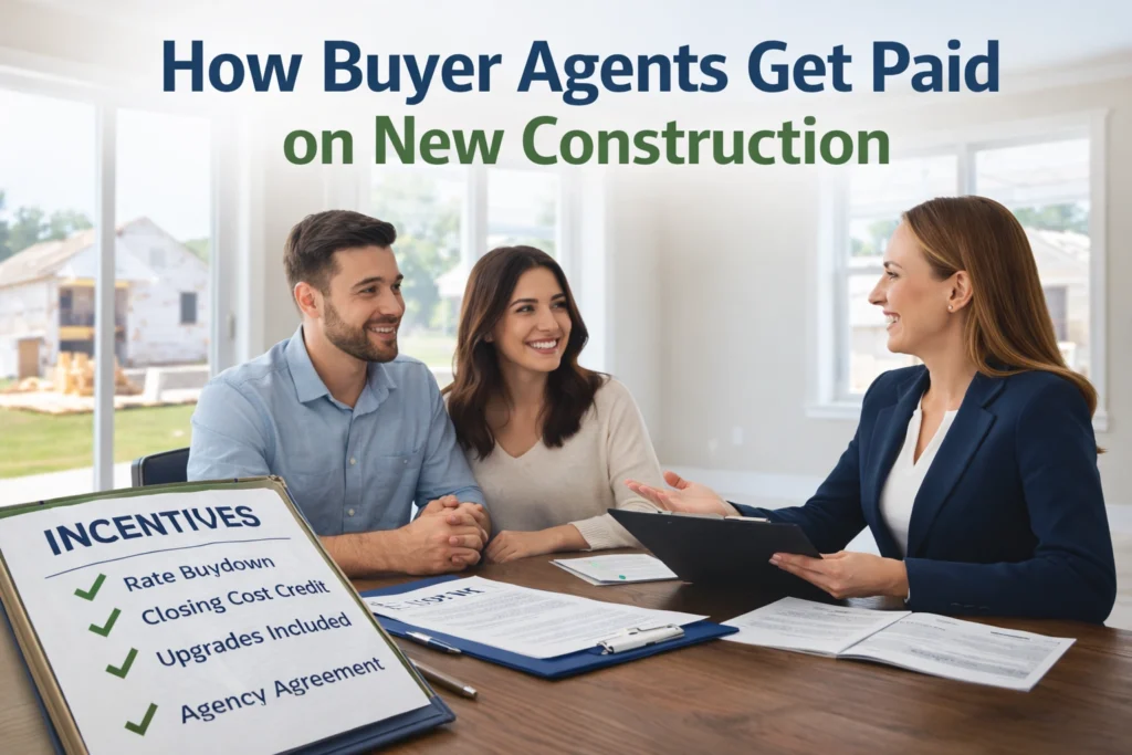 Real estate agent explaining buyer representation and payment options to a couple in a new construction home model