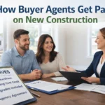 Real estate agent explaining buyer representation and payment options to a couple in a new construction home model