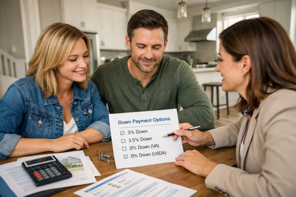 Buyers reviewing down payment options for a new construction home with an agent