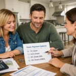 Buyers reviewing down payment options for a new construction home with an agent