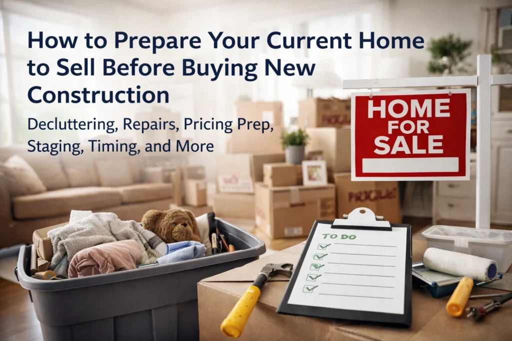 Home for sale sign, moving boxes, and a prep checklist in a staged living room representing how to prepare your current home to sell before buying new construction