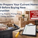 Home for sale sign, moving boxes, and a prep checklist in a staged living room representing how to prepare your current home to sell before buying new construction
