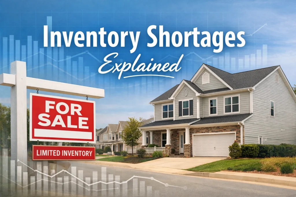 Inventory Shortages Explained graphic showing a Charlotte-area style suburban home, for sale sign, and housing market chart background