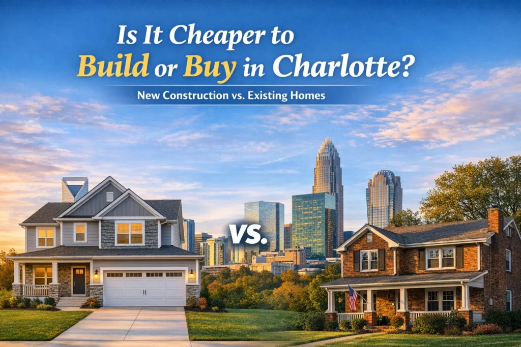 Charlotte real estate article comparing new construction and existing homes, featuring two houses, the Charlotte skyline, and the title “Is It Cheaper to Build or Buy in Charlotte?