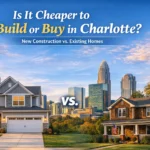 Charlotte real estate article comparing new construction and existing homes, featuring two houses, the Charlotte skyline, and the title “Is It Cheaper to Build or Buy in Charlotte?
