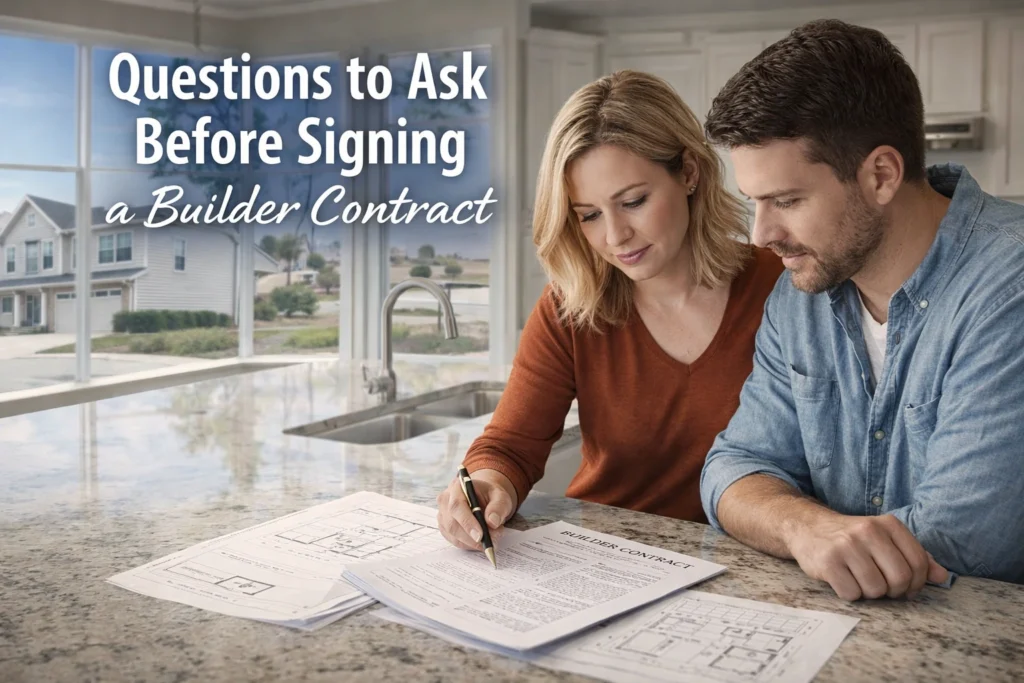 Couple reviewing a builder contract and floor plans in a new construction home kitchen before signing