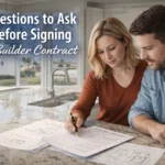 Couple reviewing a builder contract and floor plans in a new construction home kitchen before signing
