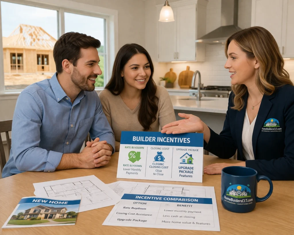 Real estate agent discussing builder incentives with buyers at a new construction home meeting