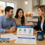 Real estate agent discussing builder incentives with buyers at a new construction home meeting