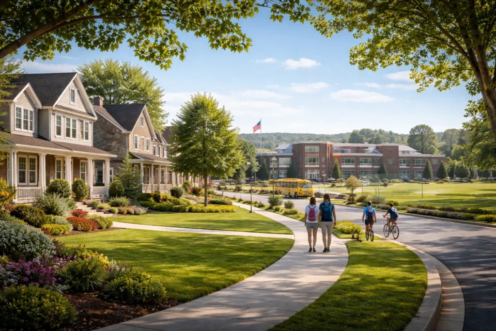 Schools in the Charlotte Area: Counties, Districts, Top Schools, and How to Search Communities by School Family-friendly Charlotte-area neighborhood near a modern school campus