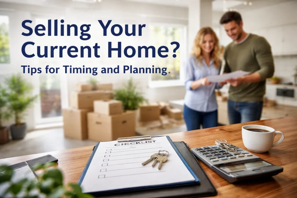 Couple reviewing paperwork and move plans while preparing to sell their current home before buying new construction in Charlotte