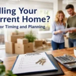 Couple reviewing paperwork and move plans while preparing to sell their current home before buying new construction in Charlotte