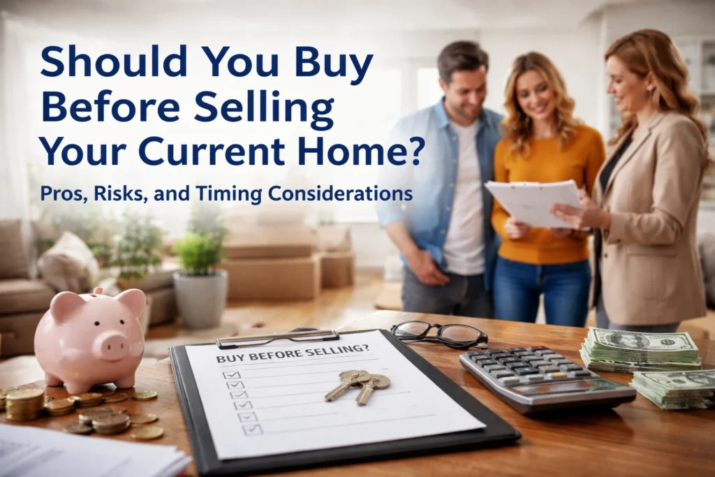 Couple reviewing finances and timing with a real estate agent while deciding whether to buy before selling their current home in Charlotte