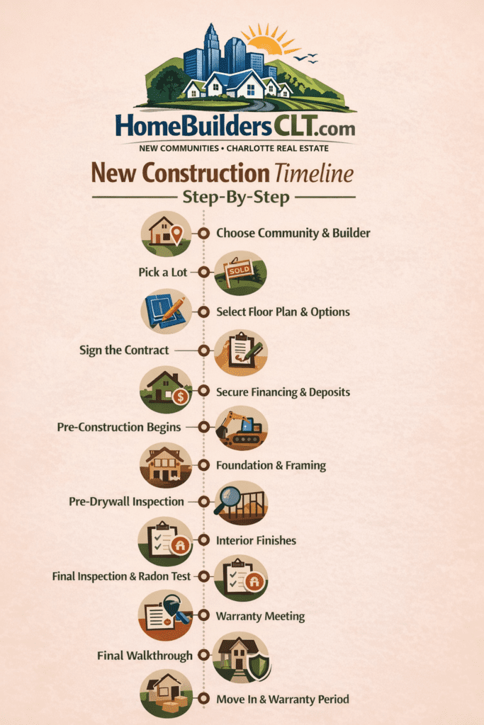 HomeBuildersCLT.com new construction timeline graphic showing the step-by-step homebuilding process from buyer representation and community selection through lot choice, contract, inspections, walkthrough, closing, and move-in.
