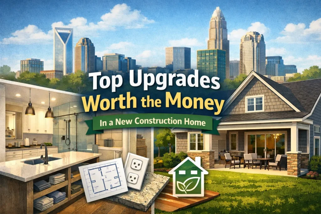 new construction article showing a modern kitchen, bathroom shower, upgraded home exterior, Charlotte skyline, and icons for floor plans, electrical upgrades, countertops, and energy efficiency with the title “Top Upgrades Worth the Money in a New Construction Home.
