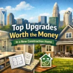 new construction article showing a modern kitchen, bathroom shower, upgraded home exterior, Charlotte skyline, and icons for floor plans, electrical upgrades, countertops, and energy efficiency with the title “Top Upgrades Worth the Money in a New Construction Home.