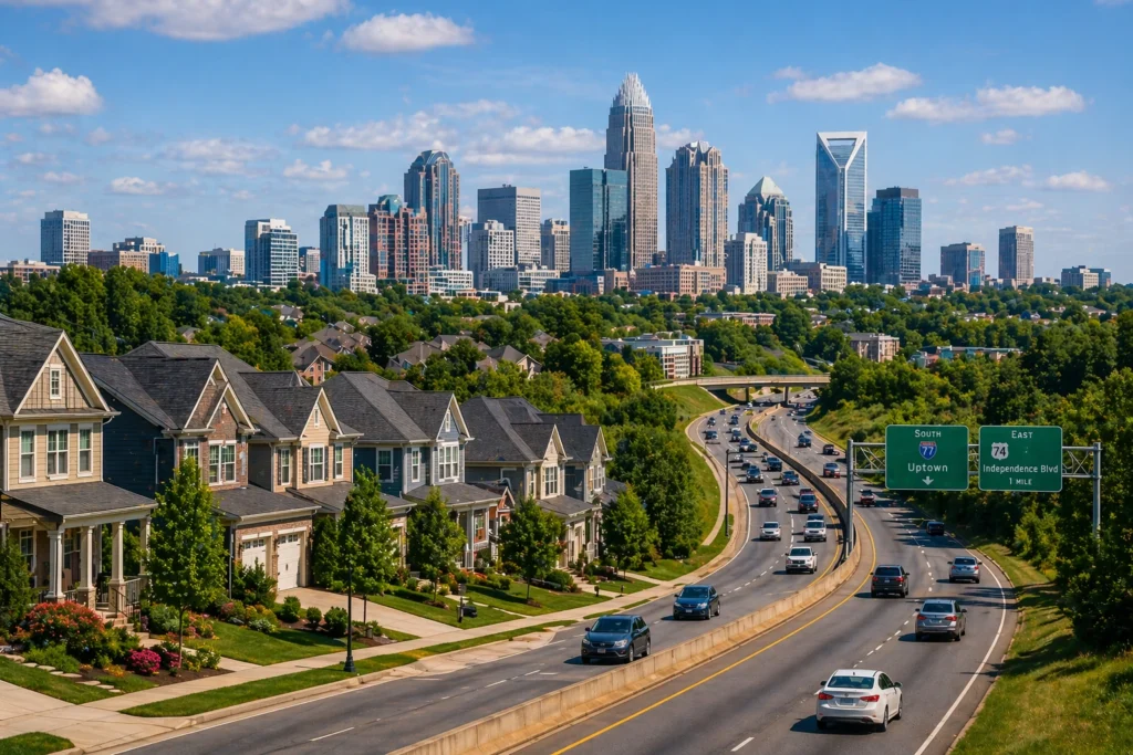 Charlotte-area suburb with convenient road access and an easy commute toward the city