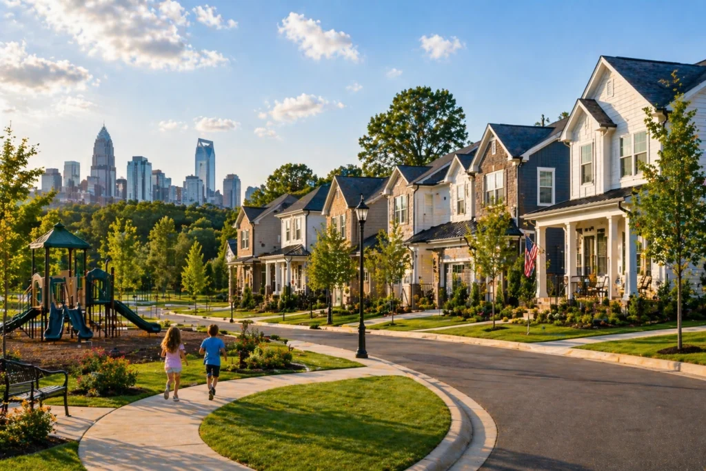 Family-friendly Charlotte suburb with newer homes, sidewalks, and nearby park space