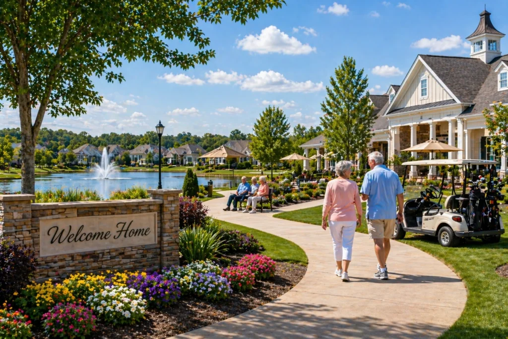Active-adult neighborhood near Charlotte with low-maintenance homes, walking paths, and retirement lifestyle amenities
