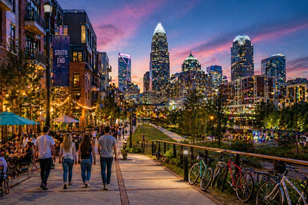 Charlotte-area neighborhood with townhomes, walkable streets, and a young professional lifestyle feel