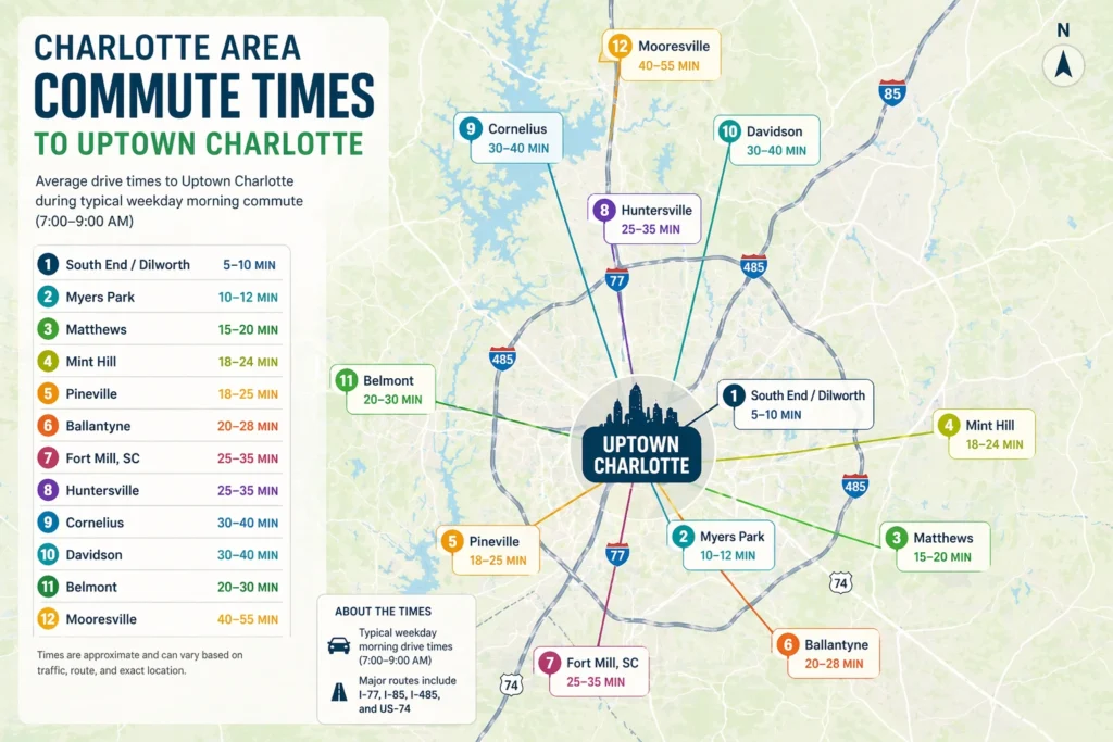 Charlotte area map graphic showing approximate commute times from surrounding suburbs to Uptown Charlotte