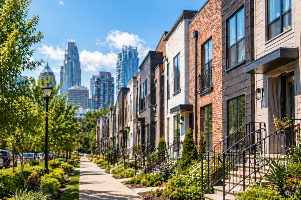 Modern Charlotte-area townhomes with landscaped sidewalks and Uptown skyline in the distance