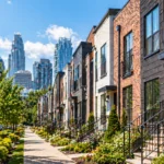 Modern Charlotte-area townhomes with landscaped sidewalks and Uptown skyline in the distance