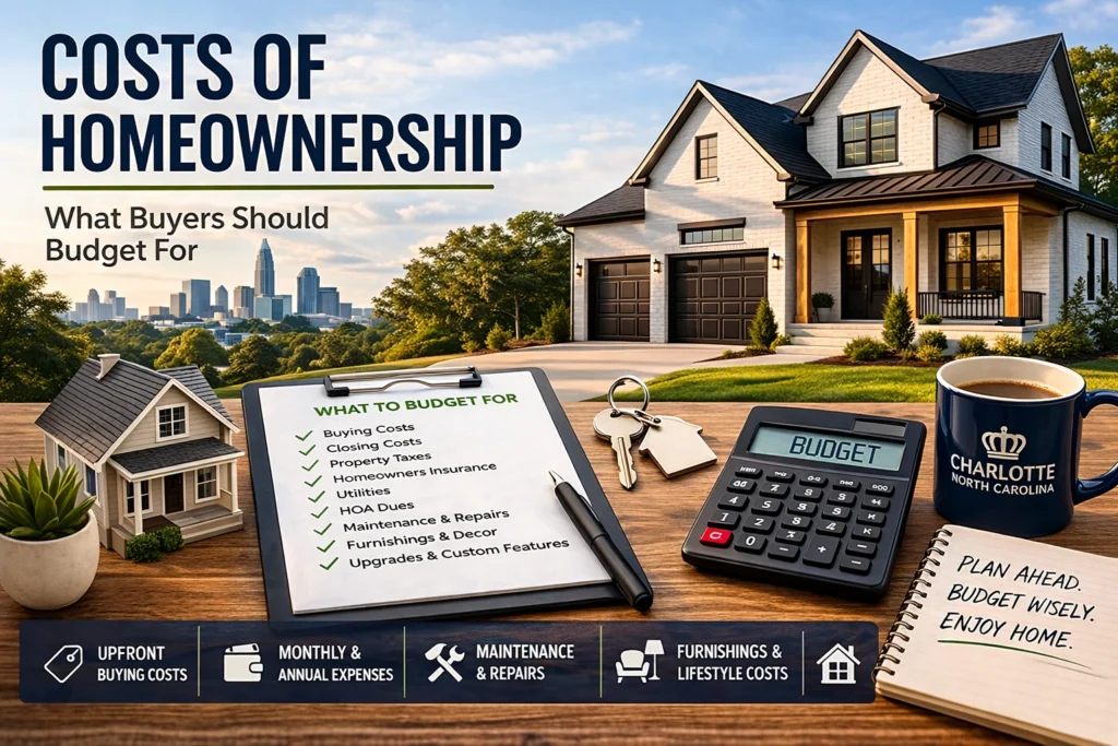 Costs of homeownership guide graphic showing budgeting checklist, calculator, keys, and a Charlotte-area home