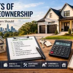 Costs of homeownership guide graphic showing budgeting checklist, calculator, keys, and a Charlotte-area home