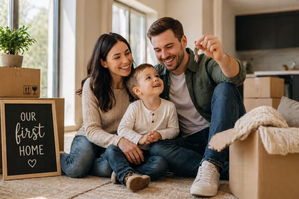 Young family celebrating their first home with moving boxes and house keys