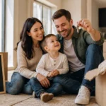 Young family celebrating their first home with moving boxes and house keys