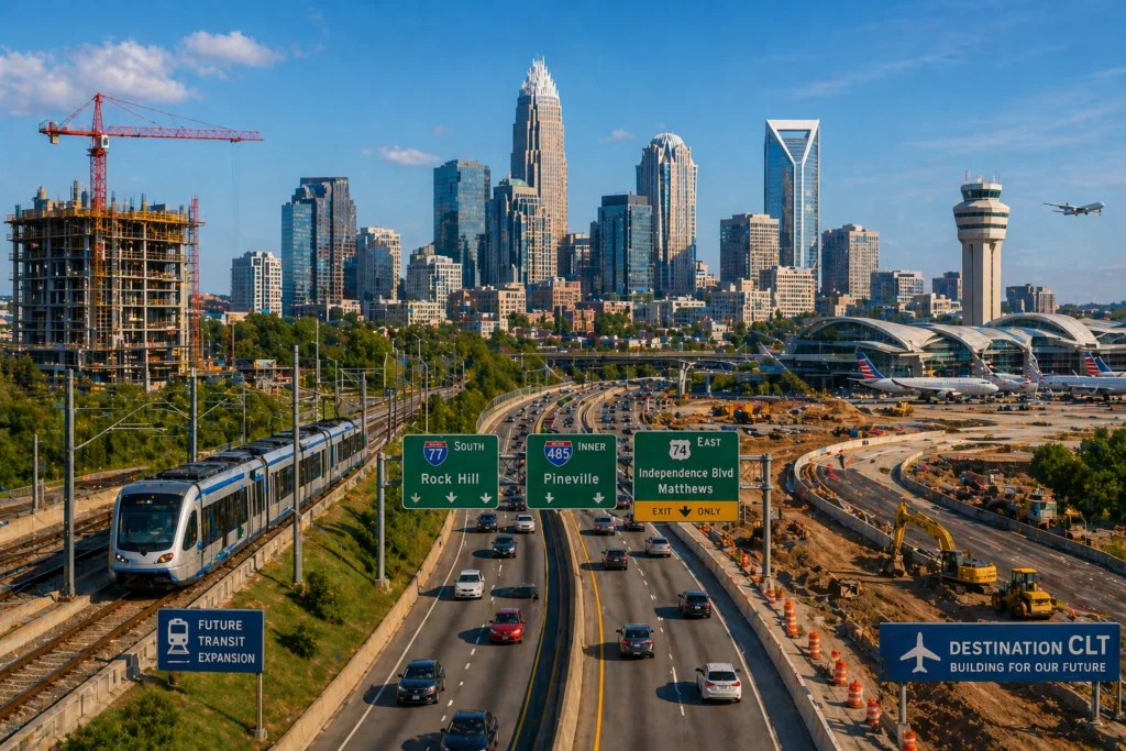 Charlotte skyline with transportation and infrastructure growth elements representing future regional projects