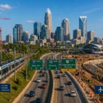 Charlotte skyline with transportation and infrastructure growth elements representing future regional projects