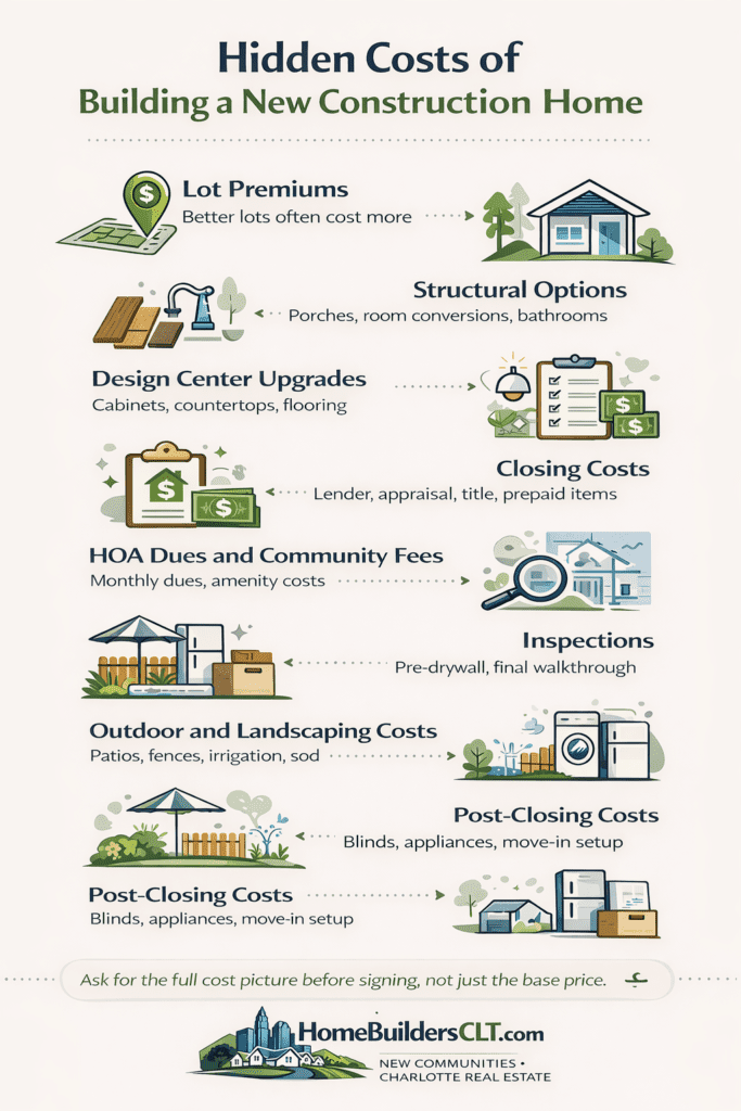 Infographic showing hidden costs of building a new construction home, including lot premiums, structural options, design center upgrades, closing costs, HOA fees, inspections, landscaping costs, and post-closing expenses, with HomeBuildersCLT.com logo at the bottom.