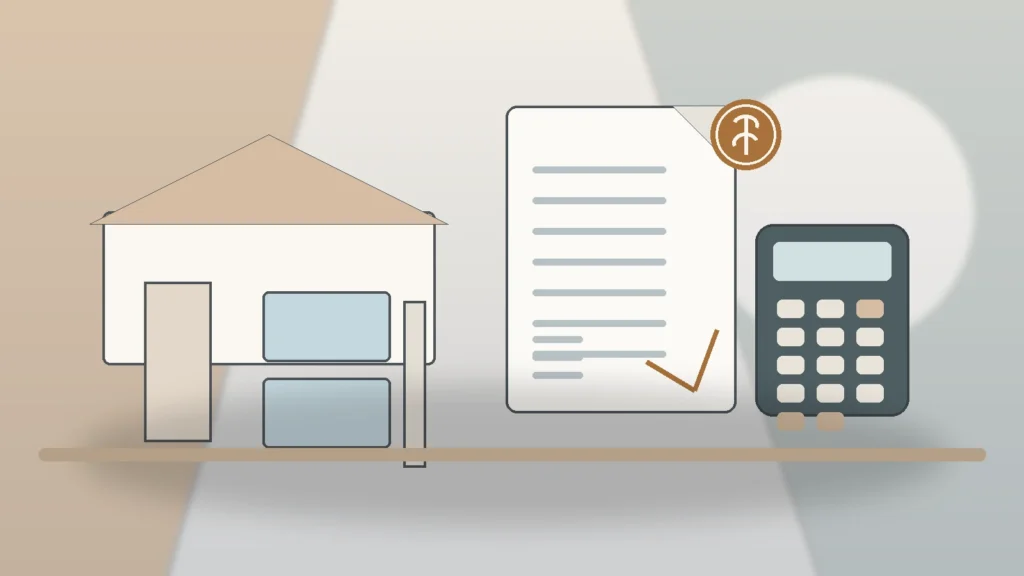 Illustration of a new construction home with contract paperwork and a calculator representing hidden building costs