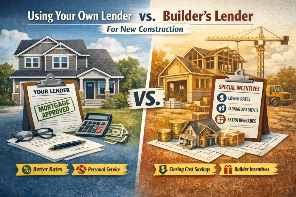 Buyer reviewing mortgage options for a new construction home with financing documents and house plans